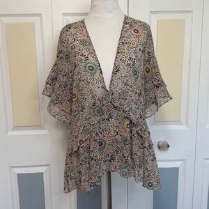 Cabi Poet Blouse 5344 Floral Print Kimono Flutter Sleeve Blouse Top M Bohemian